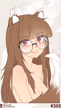 1girl absurdres alternate_breast_size_(larger) animal_ear_fluff animal_ears bespectacled black-framed_eyewear blush breasts brown_hair closed_mouth collarbone commentary english_commentary fang glasses highres holo likunea long_hair looking_at_viewer medium_breasts nude patreon_logo patreon_username red_eyes round_eyewear smile solo spice_and_wolf tail twitter_username twitter_x_logo upper_body wolf_ears wolf_girl wolf_tail zoom_layer