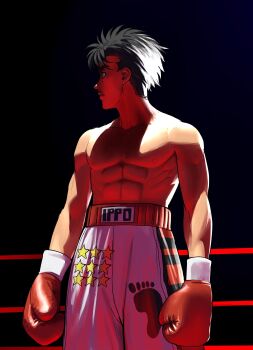 Rule 34 | 1boy, absurdres, boxer, boxing, boxing gloves, boxing ring, boxing shorts, commentary, hajime no ippo, highres, makunouchi ippo, male focus, muscular, muscular male, profile, shorts, solo, topless male, xavisketch