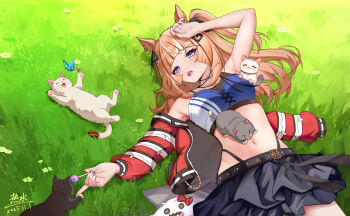 Rule 34 | 1girl, a shui, absurdres, animal ears, armpits, black skirt, blue sports bra, blunt bangs, blunt sidelocks, blush, candy, cat, espoir city (red devil gear) (umamusume), espoir city (umamusume), food, highres, holding, holding candy, holding food, holding lollipop, horse ears, horse girl, jacket, lollipop, long hair, looking at animal, lying, navel, on back, one side up, open clothes, open jacket, open mouth, orange hair, purple eyes, red jacket, sidelocks, skirt, solo, sports bra, stomach, umamusume