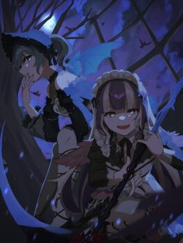 2girls asahi_rokka bang_dream! bare_shoulders bird blue_eyes crow full_moon green_eyes hat highres holding indoors kaiseibi1749 long_hair looking_at_viewer maid maid_headdress moon multiple_girls nail_polish night nyubara_reona official_alternate_hairstyle open_mouth sitting standing thighhighs