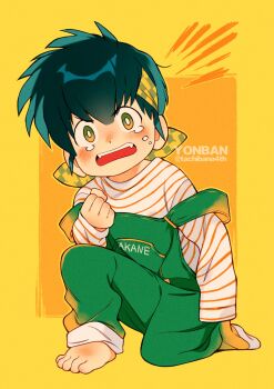 1boy aged_down bandana black_hair commentary fangs full_body green_overalls hibiki_ryouga highres male_focus overalls oversized_clothes paw_print paw_print_background ranma_1/2 shirt short_hair single_bare_foot solo striped_clothes striped_shirt tearing_up v-shaped_eyebrows yellow_background yellow_bandana yellow_eyes yonban_(pls_type_urname)