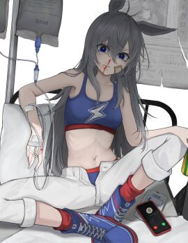 0013kell 1girl angry antenna_hair bandaid bandaid_on_face bare_shoulders bed blood blood_on_hands blue_eyes blue_panties blue_shoes blue_tank_top blush cellphone collarbone commentary_request crop_top crossed_legs double-parted_bangs full_body gradient_hair grey_hair hair_between_eyes hand_rest high_tops highres horse_girl hospital_bed incoming_call intravenous_drip lightning_bolt_symbol long_hair looking_at_viewer multicolored_hair newspaper nosebleed open_fly panties pants pants_rolled_up phone red_socks red_trim ribs shoes sitting sleeveless smartphone sneakers socks tamamo_cross_(umamusume) tank_top torn_paper umamusume underwear white_pants