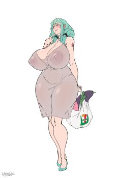 1girl 2024 7-eleven aged_up aqua_hair aqua_shoes arm_tattoo artist_name bag bare_legs blurry breasts brown_dress cellphone cleavage commentary dongtan_dress dress english_commentary female_focus finger_to_cheek flats full_body grocery_bag groin_tendon hair_over_shoulder half-closed_eyes hatsune_miku hatsune_milf-ku highres holding huge_breasts indoors jewelry just_tenth long_hair looking_at_viewer looking_to_the_side low-tied_long_hair low_twintails majinmallow mature_female necklace phone plastic_bag pov shoes shopping_bag smartphone solo solo_focus spring_onion standing tattoo thick_thighs thighs twintails vocaloid