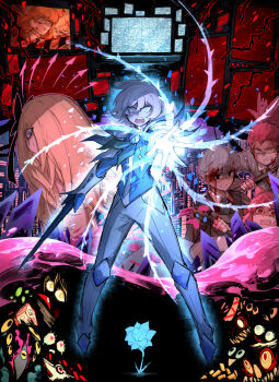 aura beebi_(project_moon) blonde_hair blood blue_flower blue_jacket blue_rose e.g.o_(project_moon) ella_(project_moon) eyes_in_shadow finn_(project_moon) flower flower_(project_moon) food gelatin grey_hair highres holding holding_weapon jacket kankan33333 long_hair monitor orange_eyes pants pink_hair project_moon red_queen_(project_moon) rose sharp_teeth short_hair static taii_(project_moon) tangle_(project_moon) teeth the_drowned_sisters very_long_hair weapon white_lake_(project_moon) white_pants wonderlab