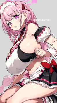 1girl alternate_costume arm_garter black_skirt blue_archive braid braided_ponytail breasts commentary_request eimi_(blue_archive) grey_background halo highres huge_breasts long_hair looking_at_viewer maid_headdress midriff navel open_mouth pink_eyes pink_hair pink_halo shigatsu_shizuki short_hair simple_background sitting skirt solo thighs twitter_username very_long_hair