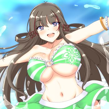 +_+ 1girl bikini blue_eyes blush body_blush bracelet breasts brown_hair chinese_knot cleavage floral_print flower-shaped_pupils green_bikini hair_ornament hair_rings hairpin huge_breasts jewelry long_hair looking_at_viewer multicolored_hair multiple_hairpins navel o-ring o-ring_swimsuit open_mouth outstretched_arms pink_pupils red_streaks senran_kagura senran_kagura_new_link smile solo streaked_hair swimsuit symbol-shaped_pupils toki_(senran_kagura) tsunogiri