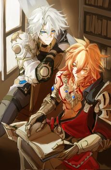 2boys antenna_hair arm_tattoo armlet armor black_choker black_coat black_pants black_shirt blonde_hair blue_eyes book braid chest_tattoo choker clawed_gauntlets coat commentary earrings english_commentary facial_tattoo gold_earrings gold_necklace gradient_hair highres holding holding_book honkai:_star_rail honkai_(series) indoors jewelry male_focus medium_hair multicolored_hair multiple_boys mydei_(honkai:_star_rail) neck_tattoo necklace open_clothes open_coat pants parted_bangs pauldrons phainon_(honkai:_star_rail) red_hair red_tattoo shirt short_hair shoulder_armor side_braid single_pauldron sitting sun_symbol sun_tattoo tan tattoo thigh_strap tofuyafuu9 white_coat white_hair yellow_eyes