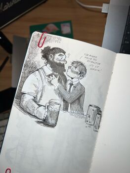 2boys alternate_universe beard blush chilchuck_tims contemporary cropped_torso dungeon_meshi dwarf english_text eye_contact facial_hair flying_sweatdrops formal_clothes godforsakenparadinofnigh graphite_(medium) greyscale highres imminent_kiss long_beard looking_at_another male_focus monochrome multiple_boys mustache photo_(medium) photoshop_(medium) salaryman senshi_(dungeon_meshi) shy suit thick_mustache traditional_media yaoi