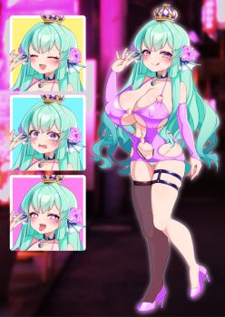 1girl :d :q ahegao alternate_breast_size bimbofication black_collar blurry blurry_background blush bodycon breasts bridal_gauntlets cameltoe closed_eyes clothing_cutout collar commission covered_erect_nipples crown crying dress elbow_gloves multiple_expressions finana_ryugu fins fish_girl flower gloves green_hair hair_flower hair_ornament head_fins heart heart-shaped_pupils high_heels highleg highleg_panties highres hip_vent large_breasts lock long_hair looking_at_viewer makeup microdress naughty_face navel nijisanji nijisanji_en o-ring_dress open_mouth padlock padlocked_collar panties purple_dress purple_eyes purple_flower purple_footwear rolling_eyes runny_makeup shoes shortstack skeb_commission skindentation smile standing symbol-shaped_pupils tears thigh_strap tongue tongue_out underwear very_long_hair virtual_youtuber waving yomusu
