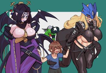 1boy absurdres bat_tattoo beelstarmon belt black_jacket black_pants blonde_hair breasts collarbone curvy demon demon_girl demon_horns demon_wings digimoji digimon digimon_(creature) evolution eye_mask eyeshadow facial_mark fallen_angel forehead_mark forehead_tattoo full_body highres horns jacket large_breasts leather leather_pants lilithmon long_hair makeup mask multiple_wings navel orgemon pants piercing popopcorn purple_eyeshadow purple_lips purple_mask short_hair simple_background tattoo wing_piercing wings