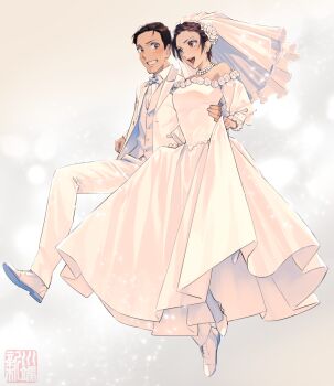 1boy 1girl bead_necklace beads bow bowtie braid breasts bridal_veil brown_eyes brown_hair commentary_request detached_sleeves dress earrings flower grin hair_flower hair_ornament hetero highres husband_and_wife jacket jewelry kawabata_arata long_dress medium_breasts meitantei_conan necklace open_mouth pants satou_miwako shirt shoes short_hair skirt_hold smile strapless strapless_dress stud_earrings takagi_wataru_(meitantei_conan) tuxedo veil vest watermark wedding_dress white_bow white_bowtie white_jacket white_pants white_shirt white_shoes white_vest