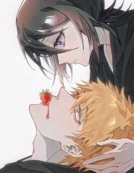 1boy 1girl black_hair black_kimono bleach commentary food food_in_mouth from_side fruit hair_between_eyes hashtag-only_commentary japanese_clothes kimono kuchiki_rukia kurosaki_ichigo looking_at_another orange_eyes orange_hair purple_eyes short_hair strawberry takenokoqvq white_background