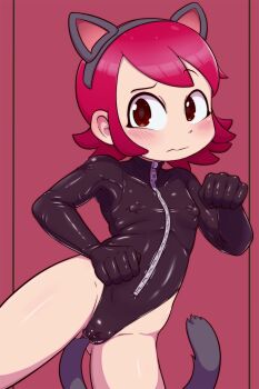 1girl animal_ears bare_hips black_leotard blush cameltoe cat_ears cat_tail closed_mouth covered_collarbone covered_erect_nipples dot_nose embarrassed eyelashes fake_animal_ears fake_tail feet_out_of_frame female_focus flat_chest hand_up highleg highleg_leotard legs_apart leotard loli looking_at_viewer matching_hair/eyes mayl_sakurai_(mega_man) mega_man_(series) mega_man_battle_network_(series) paw_pose poethewondercat red_background red_eyes red_hair short_hair simple_background solo standing tail variant_set