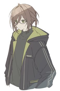 1girl black-framed_eyewear black_jacket black_shirt brown_hair closed_mouth commentary_request cropped_torso glasses green_eyes hair_between_eyes hijiri_(resetter) hood hood_down hooded_jacket jacket nao_(hijiri) open_clothes open_jacket original semi-rimless_eyewear shirt simple_background solo turtleneck turtleneck_shirt under-rim_eyewear upper_body white_background