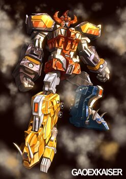 absurdres artist_name black_background clenched_hands commentary daizyuzin dino_megazord english_commentary gao_ex_kaiser highres horns kyouryuu_sentai_zyuranger looking_ahead mecha mighty_morphin_power_rangers no_humans orange_eyes power_rangers robot science_fiction smoke solo super_robot super_sentai tokusatsu