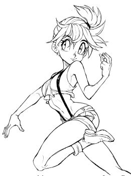 breasts cleft_of_venus crop_top denim denim_shorts highres looking_over_shoulder midriff misty_(pokemon) navel nintendo one_leg_raised pokemon short_shorts shorts side_ponytail sideboob sketch suspenders teevo