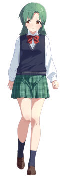 Rule 34 | 1girl, arms at sides, blue socks, blue sweater vest, blush, body blush, bow, bowtie, breasts, brown eyes, brown shoes, buttons, cl (h-sys.), closed mouth, collar, collared shirt, commentary request, dot nose, eyelashes, forehead, frown, full body, green hair, green skirt, highres, idolmaster, idolmaster million live!, idolmaster million live! theater days, loafers, long sleeves, looking to the side, low twintails, medium hair, parted bangs, plaid clothes, plaid skirt, pleated skirt, red bow, red bowtie, school uniform, shirt, shoes, sidelocks, skirt, small breasts, socks, solo, standing, sweater vest, tokugawa matsuri's little sister, twintails, white collar, white shirt