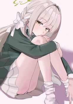 1girl blue_archive blush bow bowtie braid choppy_bangs collared_shirt commentary_request diagonal-striped_bow diagonal-striped_bowtie diagonal-striped_clothes flower_halo green_bow green_bowtie green_halo green_jacket grey_hair grey_skirt hair_bow hair_intakes hair_ribbon halo highres hugging_own_legs jacket kumakono long_hair long_sleeves looking_at_viewer miyo_(blue_archive) panties plaid_clothes plaid_skirt ribbon ribbon_braid shirt sitting skirt solo striped_bow striped_bowtie striped_clothes underwear white_bow white_panties white_shirt yellow_eyes