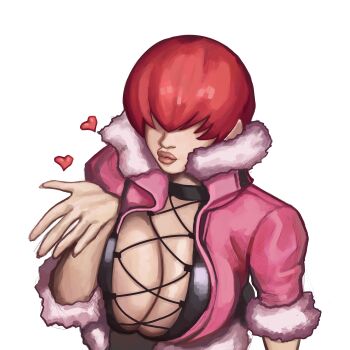 1girl bouncing_breasts breast_press breasts cleavage_cutout clothing_cutout female_focus fluffy heart huge_breasts jacket jiggle large_breasts long_hair pale_skin pothosdark red_hair shermie_(kof) the_king_of_fighters