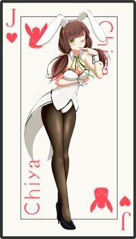 Rule 34 | 1girl, absurdres, animal ears, black pantyhose, breast lift, gochuumon wa usagi desu ka?, high heels, highres, leotard, maxima sakuya, one eye closed, pantyhose, playboy bunny, rabbit ears, stiletto heels, ujimatsu chiya, white leotard, wrist cuffs