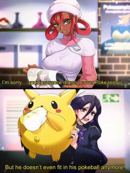 alternate_breast_size_(larger) black_corset black_dress black_hair blurry bottle breasts corset cup dark-skinned_female dark_skin depth_of_field dress drinking_glass earrings fat_pikachu gen_1_pokemon grey_eyes hair_between_eyes hair_rings hat hex_maniac_(pokemon) hex_maniac_(pokemon_legends:_z-a) highres holding holding_pokemon jewelry joy_(pokemon) joy_(pokemon_legends:_z-a) juliet_sleeves large_breasts large_earrings long_hair long_sleeves milk milk_bottle neck_ribbon nintendo nurse_cap opalis pikachu pink_hair pink_shirt pokemon pokemon_(creature) pokemon_center pokemon_legends:_z-a poster_(object) puffy_sleeves purple_eyes purple_ribbon ribbon shirt single_sidelock snorlax sphere_earrings turtleneck very_dark_skin white_dress