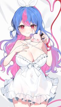 1girl absurdres bing_hayu blue_hair breasts cleavage closed_mouth colored_inner_hair covered_navel cowboy_shot creature double-parted_bangs dress frilled_dress frills hand_on_own_chest hands_up hashtag-only_commentary highres large_breasts looking_at_viewer luvdia mole mole_under_eye multicolored_hair pink_eyes pink_hair ropu_(ropu_10) short_dress sleeveless sleeveless_dress solo streaked_hair two-tone_hair virtual_youtuber white_dress