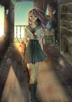 1girl absurdres black_hair black_socks blood blood_on_arm blood_on_clothes blood_on_face blood_on_leg bookshelf calendar_(object) choppy_bangs commentary_request evening feet_out_of_frame grey_sailor_collar grey_skirt highres indoors long_hair looking_at_viewer mechanical_arms mole mole_under_eye neckerchief original photo_(object) picture_frame pleated_skirt post-apocalypse prosthesis prosthetic_arm red_neckerchief ruins sad sailor_collar school_uniform serafuku shirt short_sleeves single_mechanical_arm skirt socks solo user_dssc7535 vase walking white_shirt