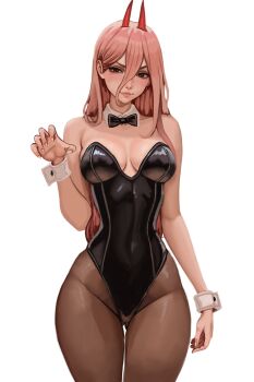 1girl absurdres akinoshi_art alternate_costume arm_at_side bare_arms black_bow black_bowtie black_leotard bow bowtie breasts breasts_apart brown_eyes brown_pantyhose chainsaw_man closed_mouth commentary covered_navel cowboy_shot demon_horns detached_collar fangs gluteal_fold hair_between_eyes hand_up highres horns leotard light_smile long_hair long_hair_between_eyes looking_at_viewer medium_breasts nail_polish pantyhose pink_hair playboy_bunny power_(chainsaw_man) red_horns simple_background single_claw_pose solo strapless strapless_leotard traditional_bowtie white_background white_nails white_wrist_cuffs wrist_cuffs