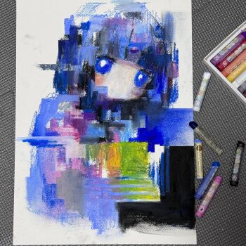 1girl abstract absurdres art_tools_in_frame blue_eyes blue_hair blunt_bangs crayon_(medium) highres looking_at_viewer original sawada_moco solo traditional_media upper_body
