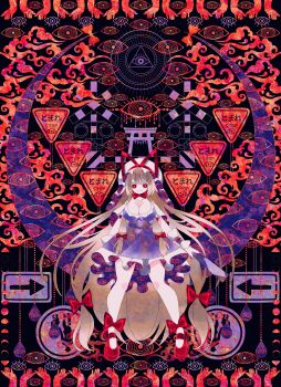 1girl abstract_background absurdres blonde_hair boku_(isizakitakasi) bow breasts commentary_request disembodied_hand dress eye_of_providence eye_symbol gap_(touhou) hat hat_bow hat_ribbon high_heels highres iridescent jewelry large_breasts long_hair mob_cap pendant psychedelic red_clouds red_eyes red_footwear red_ribbon red_theme ribbon road_sign short_dress sign solo stop_sign swept_bangs thighs too_many_eyes touhou very_long_hair yakumo_yukari