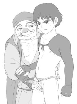 2boys age_difference ashitaka big_nose cum ejaculation erection fundoshi greyscale grin hand_on_another&#039;s_waist hand_on_another&#039;s_wrist handjob japanese_clothes jiko_bou male_focus mole mole_on_nose monochrome mononoke_hime multiple_boys nagatekkou nipples penis projectile_cum puffyphantom short_hair simple_background smile sweatdrop white_background yaoi