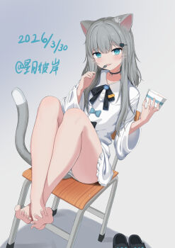 Rule 34 | 1girl, absurdres, animal ears, aqua eyes, barefoot, black choker, cat ears, cat girl, cat tail, chair, choker, commentary request, crossed ankles, cup, dated, disposable cup, disposable ice cream cup, dress, fang, food, gradient background, grey hair, highres, holding, holding spoon, hoshitsuki higan, ice cream, indie virtual youtuber, long hair, long sleeves, looking at viewer, nachoneko, panties, short dress, sidelocks, simple background, sitting, slippers, spoon, striped clothes, striped panties, tail, tongue, tongue out, underwear, unworn slippers, virtual youtuber, white dress, wide sleeves