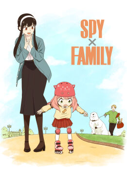 1boy 2girls absurdres anya_(spy_x_family) bag black_footwear black_pantyhose black_skirt blue_jacket bond_(spy_x_family) child commentary copyright_name dog eyelashes family green_eyes green_sweater grocery_bag hairband helmet highres ip-gu jacket looking_at_another multiple_girls open_mouth outdoors pantyhose path pet_walking pink_hair pleated_skirt red_eyes red_skirt road roller_skates shirt shopping_bag sidelocks skates skating skirt spy_x_family sweater twilight_(spy_x_family) white_dog white_hairband white_shirt yellow_sweater yor_briar