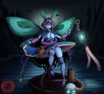 1girl absurdres adoptable arthropod_girl artist_logo artist_name black_sclera blue_skin boat bone bound breasts chain chained coin colored_sclera colored_skin commentary covered_erect_nipples dress english_commentary extra_arms eyelashes feet fishnet_thighhighs fishnets full_body glowing glowing_eyes green_eyes green_wings highres hood insect_girl insect_wings lamp landscape lantern large_breasts lips logo moth_girl night night_sky non-web_source original outdoors purple_fur purple_hair purple_lips river self-upload skull sky smile solo thick_thighs thighhighs thighs toes watercraft wide_hips wings