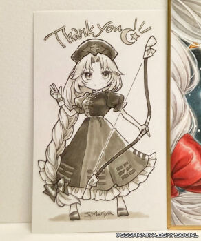 Rule 34 | 1girl, bluesky username, bow, bow (weapon), braid, breasts, closed mouth, commentary request, constellation print, cross, cross print, deformed, dress, frilled dress, frills, full body, gloves, hair bow, hat, holding, holding bow (weapon), holding weapon, long hair, looking at viewer, medium breasts, nurse cap, photo (medium), print hat, puffy short sleeves, puffy sleeves, s.mamiya, shoes, short sleeves, single braid, single glove, smile, solo, thank you, touhou, traditional media, two-tone dress, very long hair, weapon, yagokoro eirin