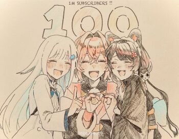 Rule 34 | 3girls, :d, aji (eatfishfly), ange katrina, ange katrina (1st costume), animal ears, animal hair ornament, black kimono, blue hair, blush, cardigan, closed eyes, colored inner hair, commentary request, crossed bangs, dated, dog ears, dog girl, fang, finger counting, flower, group picture, hair between eyes, hair flower, hair intakes, hair ornament, highres, index finger raised, inui toko, inui toko (1st costume), japanese clothes, kimono, lize helesta, lize helesta (1st costume), long hair, long sleeves, maid headdress, medium hair, milestone celebration, multicolored hair, multiple girls, nijisanji, nose blush, open mouth, red cardigan, red hair, sanbaka (nijisanji), shrug (clothing), simple background, smile, tearing up, traditional media, two-tone hair, very long hair, virtual youtuber, white hair, white headdress, white shrug
