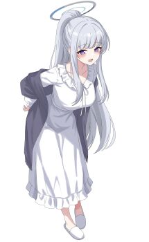 absurdres blue_archive blue_halo blush breasts cardigan cardigan_partially_removed choon_sik2 commentary_request dot_nose full_body grey_cardigan grey_hair halo happy high_ponytail highres large_breasts long_hair looking_at_viewer mechanical_halo metal_halo nightgown noa_(blue_archive) noa_(pajamas)_(blue_archive) open_mouth ponytail purple_eyes simple_background slippers standing white_background white_nightgown white_slippers