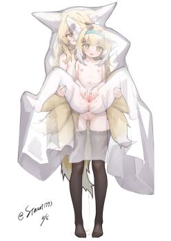 2girls animal_ears arknights blonde_hair breasts brown_thighhighs fox_ears fox_tail full_body ghost_costume green_eyes hairband halloween heart heart-shaped_pupils highres large_breasts lifting_person loli m_legs mother_and_daughter multiple_girls navel nipples no_shoes pantyhose pussy pussy_juice signature simple_background solo spread_legs spread_pussy spreading_own_pussy standing stmast suzuran_(arknights) symbol-shaped_pupils tail thighhighs topless_female torn_clothes torn_pantyhose uncensored vulpisfoglia_(arknights) white_background white_pantyhose x-ray yellow_eyes