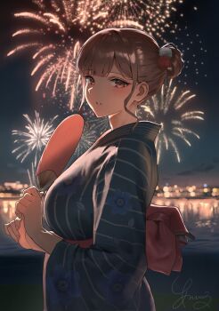 1girl anteiru breasts brown_eyes brown_hair day fireworks from_side fujisaki_honami hair_between_eyes hair_bun hair_ornament highres hoplding_fan japanese_clothes kimono large_breasts long_sleeves looking_at_viewer onna_kyoushi outdoors short_hair signature single_hair_bun smile solo teacher yukata