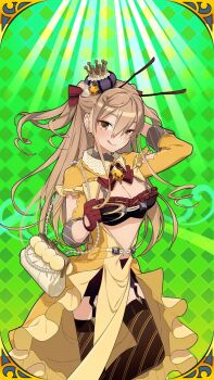 Rule 34 | 1girl, :p, :q, alternate costume, antennae, apron, argyle background, arm up, asymmetrical legwear, black panties, blonde hair, blush, boots, bow, bowtie, bra, breasts, brooch, brown eyes, brown hair, center opening, checkered background, cleavage, closed mouth, cowboy shot, crown, detached collar, detached sleeves, dress, earrings, food, frills, garter straps, gloves, green background, hair between eyes, hair bow, hair ornament, hair ribbon, hand up, hat, heart, heart earrings, holding, jacket, jewelry, knee boots, large breasts, leg up, long hair, long sleeves, looking at viewer, medium breasts, mini crown, mini hat, mini top hat, mismatched legwear, nana honeybee, one side up, panties, plaid background, puffy short sleeves, puffy sleeves, ribbon, short sleeves, showgirl skirt, sidelocks, skirt, smile, solo, standing, standing on one leg, thighhighs, tilted headwear, tongue, tongue out, top hat, uchako, uchi no hime-sama ga ichiban kawaii, underwear, yellow dress, yellow eyes, yellow gloves, zettai ryouiki