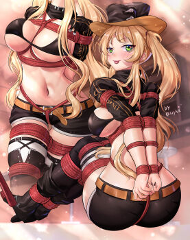 +_+ 1girl :p arms_behind_back ass azur_lane bdsm between_breasts bikini black_bikini black_bra black_shorts black_shrug blonde_hair blush bondage boots bound bound_arms bound_legs bra breasts breasts_apart character_name commentary cowboy_hat crotch_rope english_commentary facing_viewer from_behind full_body green_eyes hat heart heart_in_eye high_heel_boots high_heels highres hip_focus hornet_(azur_lane) knees_up large_breasts legs_together long_hair looking_at_viewer looking_back luyluc medium_breasts midriff multiple_views naughty_face navel restrained revealing_clothes shibari short_shorts shorts shrug_(clothing) skindentation stomach swimsuit symbol_in_eye teasing thigh_gap thighhighs thighs tongue tongue_out twintails underwear very_long_hair