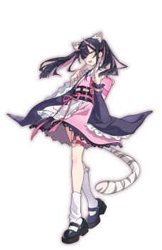 1boy absurdres animal_ear_fluff animal_ears baichuan_(laoliumang72719) black_hair black_shoes blunt_bangs chinese_commentary cho_kaguya-hime! commentary_request crossdressing crossdressing_(mtf) finger_to_mouth frilled_kimono frills full_body hand_up highres horns japanese_clothes kimono komazawa_noi long_hair long_sleeves looking_at_viewer male_focus multicolored_hair o-ring o-ring_thigh_strap open_mouth pink_eyes pink_kimono shoes simple_background smile socks solo standing streaked_hair tail thigh_strap tiger_ears tiger_tail trap twintails white_background white_socks wide_sleeves