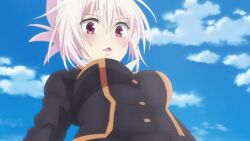 1boy 1girl @_@ animated anime_screenshot ayakashi_triangle black_jacket black_skirt blue_hair blush breasts clothes_lift fundoshi genderswap genderswap_(mtf) groin hair_between_eyes highres jacket japanese_clothes kazamaki_matsuri kazamaki_matsuri_(female) large_breasts ninja ninokuru_soga open_mouth red_eyes school_uniform skirt skirt_lift sound stomach stomach_tattoo tagme tattoo thighs video white_hair wide-eyed wind wind_lift