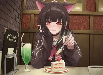 1girl absurdres animal_ears black_hair black_jacket blue_archive blush cat_ears cat_girl closed_mouth colored_inner_hair commentary_request cup doumu_(31678316) drinking_glass food fork green_sailor_collar halo highres holding holding_fork hood hood_down hooded_jacket jacket kazusa_(blue_archive) looking_at_viewer menu multicolored_hair neckerchief pink_hair pink_halo pink_neckerchief plate pov red_eyes restaurant sailor_collar short_hair shortcake smile solo