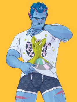 1boy absurdres alien alien_print armpit_hair artist_collaboration black_male_underwear blue_nails blue_skin bracelet bulge colored_sclera colored_skin commentary crew_neck earrings english_commentary green_skin highres jewelry male_focus male_underwear original padeliciouss piercing pointy_ears print_shirt ring shirt short_sleeves simple_background solo thedamnthinguy thighs ufo underwear yellow_background yellow_sclera