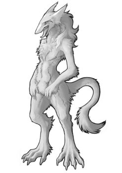 androgynous animal_ears claws flat_chest full_body furry gender_request monochrome open_mouth rain_silves sergal simple_background solo standing tail tongue trancy_mick white_background