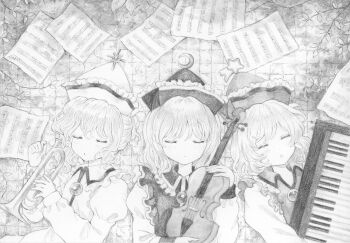 3girls closed_eyes closed_mouth collared_shirt commentary_request crescent crescent_hat_ornament frilled_shirt_collar frills greyscale hat hat_ornament highres holding holding_instrument holding_trumpet holding_violin instrument juliet_sleeves keyboard_(instrument) long_sleeves lunasa_prismriver lying lyrica_prismriver merlin_prismriver monochrome multiple_girls on_back puffy_sleeves sasami_(shiroi_fuwafuwa) sheet_music shirt siblings sisters sleeping star_(symbol) star_hat_ornament touhou trumpet vest violin