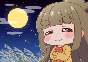 Rule 34 | 1girl, battle girl high school, blush, chibi, chibi only, closed eyes, closed mouth, cloud, commentary request, crossed arms, fujimiya sakura, full moon, hair ornament, hair stick, highres, long hair, long sleeves, moon, night, nna btg, outdoors, red shirt, shirt, smile, solo, thick eyebrows, wheat field
