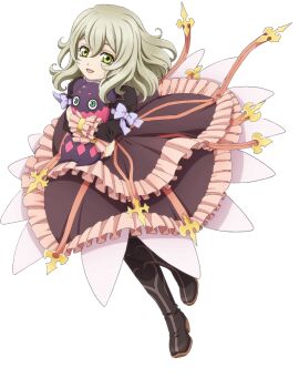 Rule 34 | 1girl, artist request, black boots, blonde hair, boots, bow, commentary, creature, cropped jacket, doll, dress, elize lutus, frills, full body, game cg, green eyes, highres, holding, holding creature, holding doll, looking at viewer, medium hair, official art, open mouth, purple bow, purple dress, purple ribbon, ribbon, smile, solo, tales of (series), tales of asteria, tales of xillia, teepo (tales), third-party source, transparent background