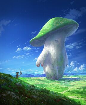 1girl blue_sky boots cloud cyclecircle dark_souls_(series) dark_souls_i dress flower full_body grass hat highres holding holding_staff kono_subarashii_sekai_ni_shukufuku_wo! landscape megumin mountainous_horizon mushroom mushroom_parent red_dress scenery sky staff witch_hat